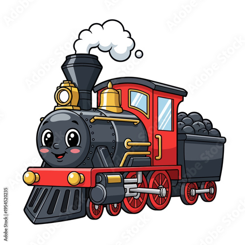 Cute Cartoon Steam Train with Big Eyes and Coal Car.