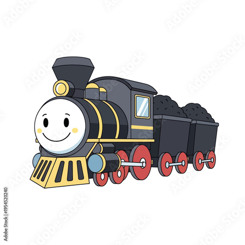 Cute Cartoon Steam Train with Happy Face and Coal Car.