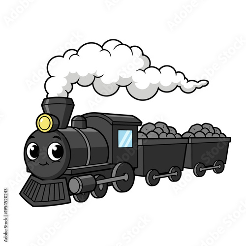 Cute Cartoon Steam Train with Coal Cars Illustration.