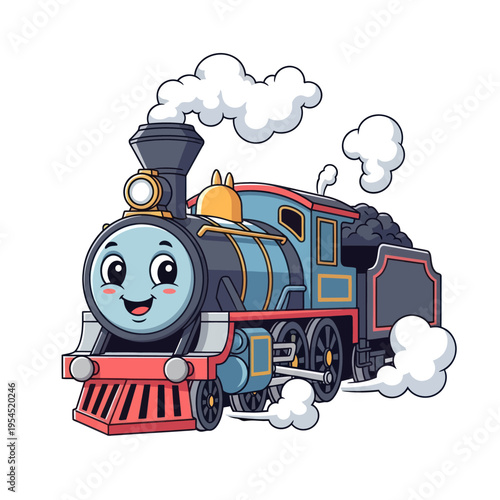 Cute Cartoon Steam Train with Happy Face and Smoke.