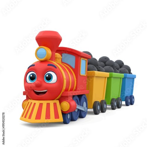 Cute Red Cartoon Train with Coal Carriages on White Background.