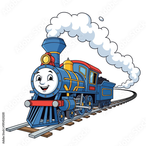 Happy Blue Cartoon Train Steaming Along Tracks with a Friendly Face.