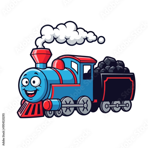 Happy Blue Cartoon Train with Coal Car Emitting Smoke.