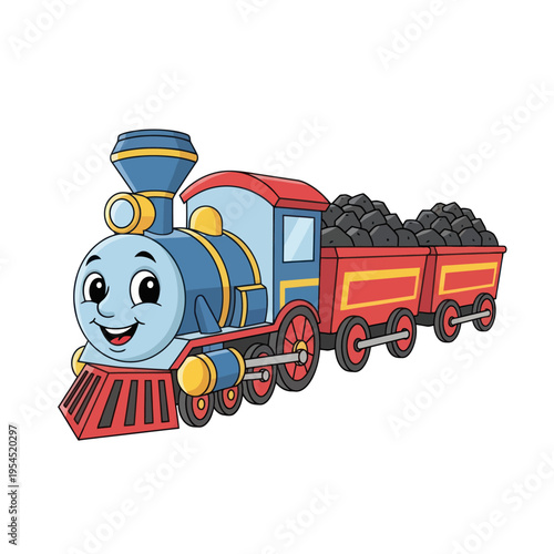 Happy Blue Cartoon Train with Coal Car Illustration.
