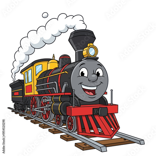Happy Cartoon Steam Train on Tracks with Smoke.