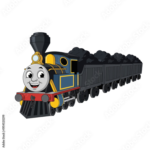 Happy Blue Cartoon Train with Coal Cars Isolated.