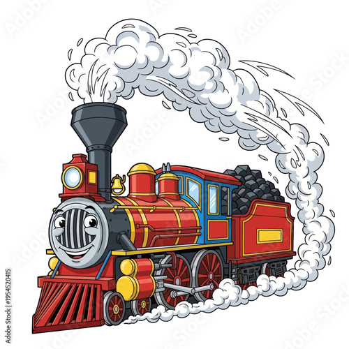 Happy Red Steam Train Cartoon with Smoke.