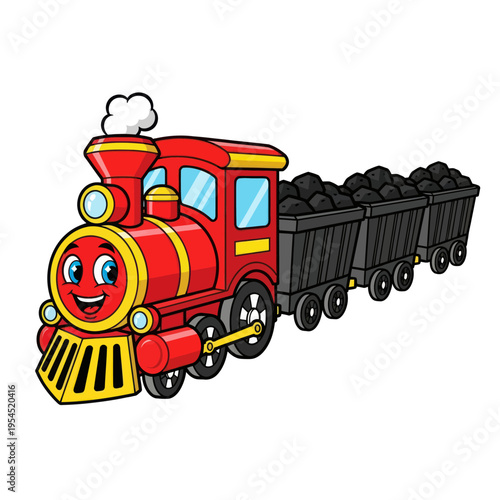 Happy Red Cartoon Train with Coal Cars Illustration.
