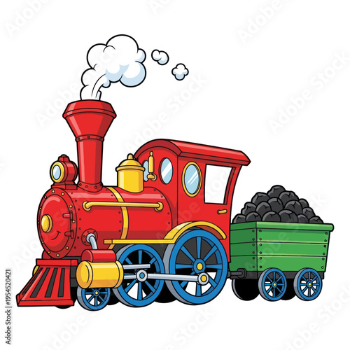 Red Cartoon Steam Train with Coal Car Isolated on White Background.
