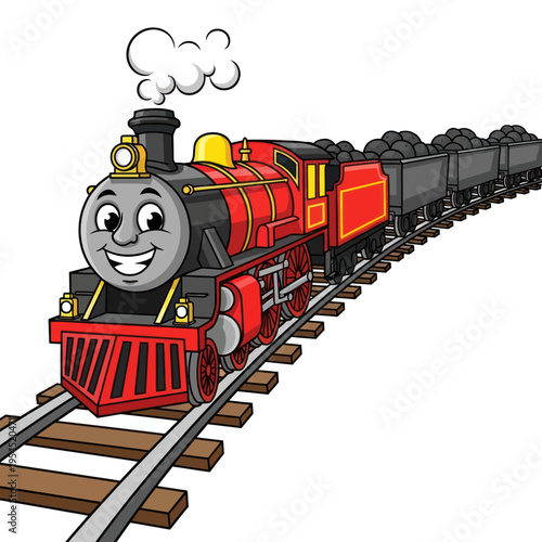 Smiling Red Steam Train with Coal Cars on Tracks.