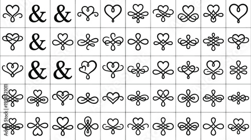 Tableau sur toile Assortment of black decorative flourishes ampersands and heart shapes in a grid