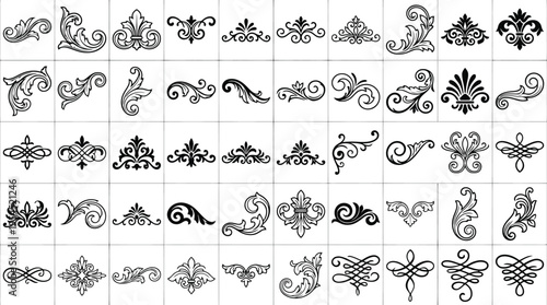 Assortment of Black Decorative Ornaments and Flourishes on White Background swirl vintage