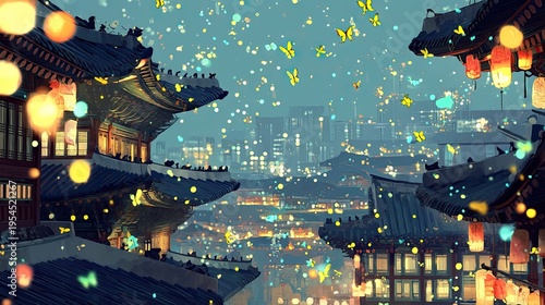 Serene nighttime festival lanterns butterflies and urban tranquility in digital art
