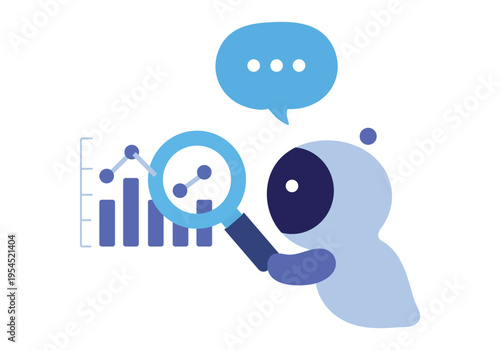 虫眼鏡を持つAI。データをチェックする人工知能のベクターイラスト素材。