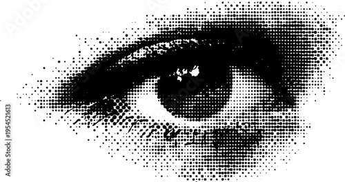 Pop art comic eye with spiral pupil in black and white halftone design