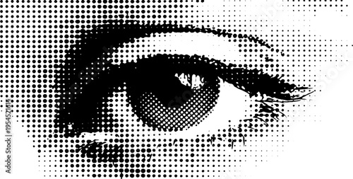 Pop art comic eye with spiral pupil in black and white halftone effect