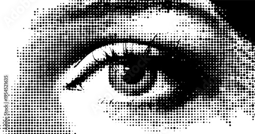 Pop art comic eye with spiral pupil and black and white halftone effect for graphic design
