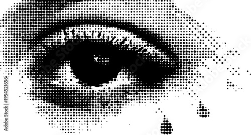 Pop art comic eye with teardrop in black and white halftone style for creative designs