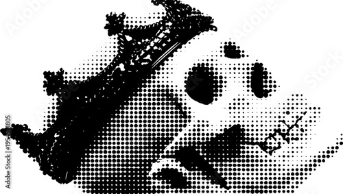 Punk skull with broken chain crown in black and white halftone art design
