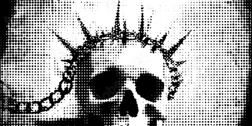 Punk skull with cracked chain halo and spikes in black and white dotwork style