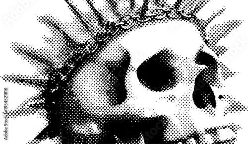 Punk skull with spike halo and chain in black and white dotwork style