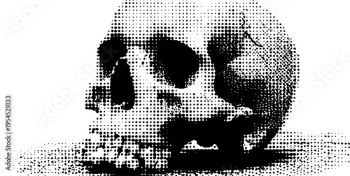 Punk skull with leather spike hood in black and white halftone design for posters or tattoos