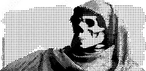Punk skull with torn leather spike hood in black and white halftone design for alternative art