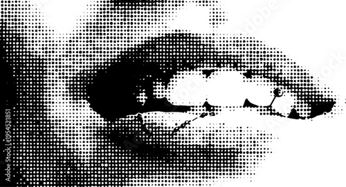 Punk skull with stitched lips and safety pin in black and white halftone design