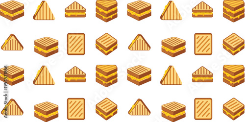 Grilled Sandwich and Toast Vector Set Featuring Cheese Sandwiches, Toast Bread Slices, Layered Snacks, Breakfast Food Icons, and Bakery Style Illustration Collection
