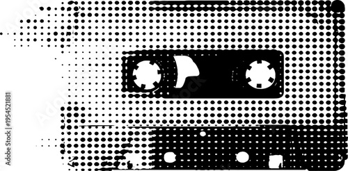 Retro cassette with broken tape in halftone style for vintage music design