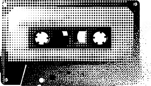 Retro cassette with broken tape in black and white halftone art for vintage design