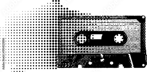 Retro cassette with broken tape in black and white halftone design for vintage music lovers