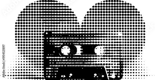 Retro cassette forming heart shape in halftone style - black and white design for vintage lovers