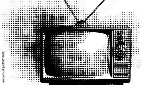 Retro television with rabbit ears antenna in black and white halftone effect for vintage design