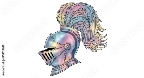 Iridescent knight helmet with plume crest.