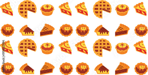 Pie and Tart Dessert Vector Set Featuring Apple Pie, Lattice Crust Pastry, Slice Pieces, Mini Tarts, and Sweet Bakery Collection for Food Illustration Design