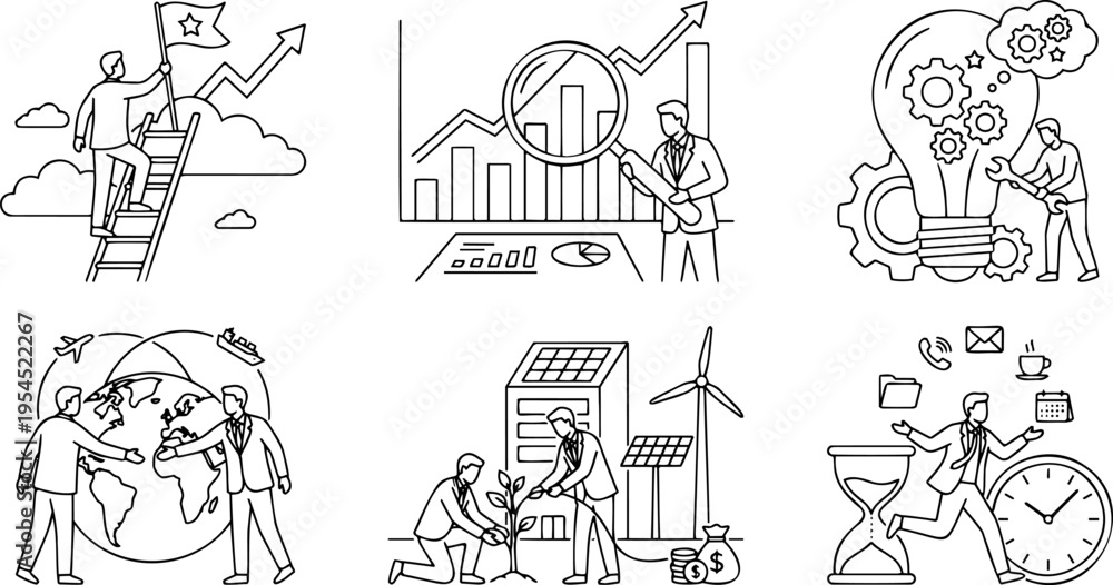 Fototapeta premium Line art vector set of business concepts including global trade, green energy and time management