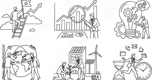 Line art vector set of business concepts including global trade, green energy and time management