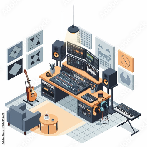 Isometric illustration of a music studio with equipment, instruments, and furniture.