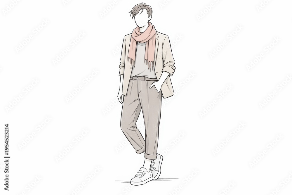 Fototapeta premium Fashion sketch of a person in a beige blazer, grey t-shirt, and beige trousers