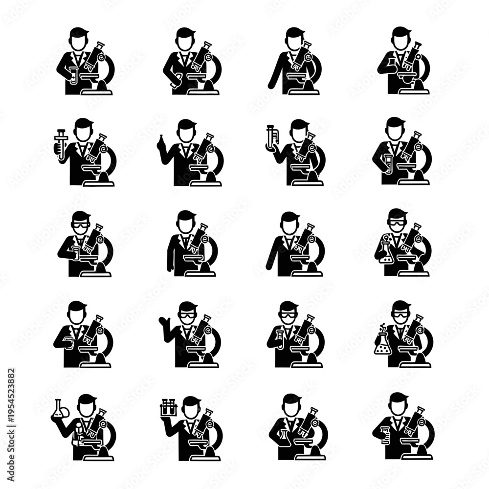 Fototapeta premium Science Research Icon Set Featuring Male Scientists Working with Microscopes and Laboratory Equipment in Minimalist Style