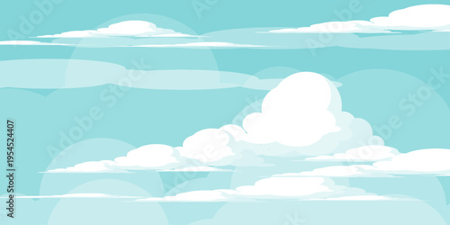  Illustration of a blue sky with white clouds in a flat style. Blue sky background and white clouds. Cartoon sky,summer background..