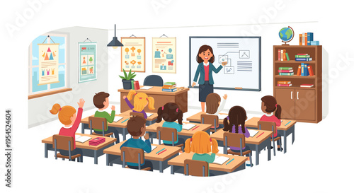 A diverse group of young students actively participating in a lively classroom lesson with their teacher at the whiteboard.