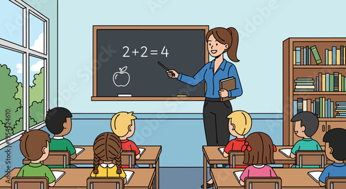 A female teacher points to a math equation on a blackboard in a classroom with young students.