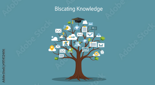A stylized tree with a graduation cap on top, adorned with various icons representing knowledge and digital communication.