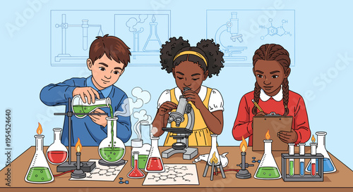 Three diverse children engaged in a science experiment, with one using a microscope, another pouring liquid, and the third taking notes.
