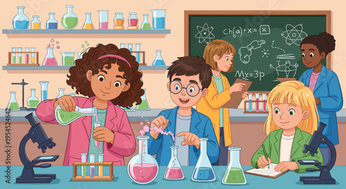 Children in a science lab conducting experiments with microscopes and beakers, learning about chemistry and biology.