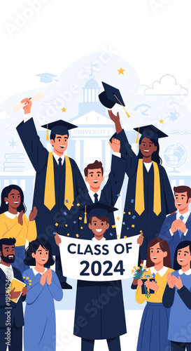 Diverse group of students celebrating their graduation as the Class of 2024 with family and friends in front of a university building.