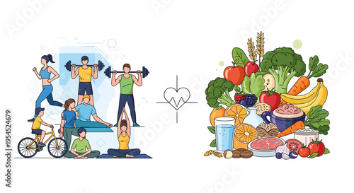 Illustration depicting various physical activities and a diverse array of healthy foods, symbolizing a balanced approach to a healthy lifestyle and overall well-being.
