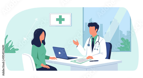 Doctor in white coat consulting with a female patient in a modern medical office with a laptop and documents on the desk.